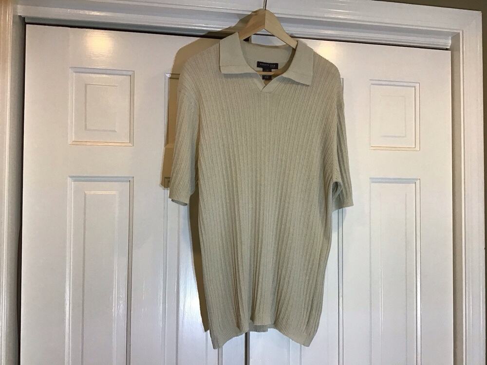 Kenneth Cole Ribbed Tennis Sweater SS Polo Mens Sz L Beige Lounge Resort Preppy